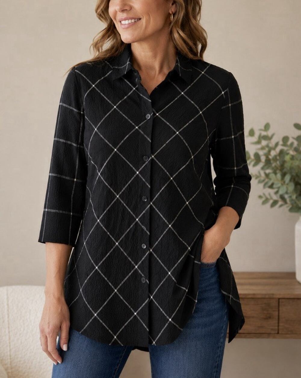 Habitat Blouse Collared Diamond Print Button Shirt 3/4 Sleeves Lightweight SMALL